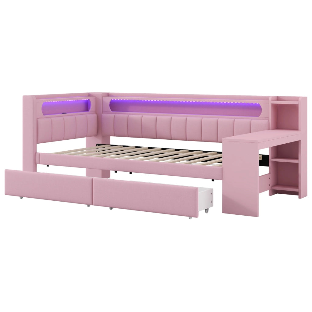 Daybed imbottito 90x200 cm rosa con LED; USB; scrivania integrata e 2 cassetti