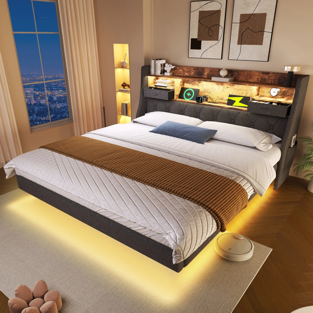 Letto matrimoniale 140x200 cm con LED, USB e vano contenitore