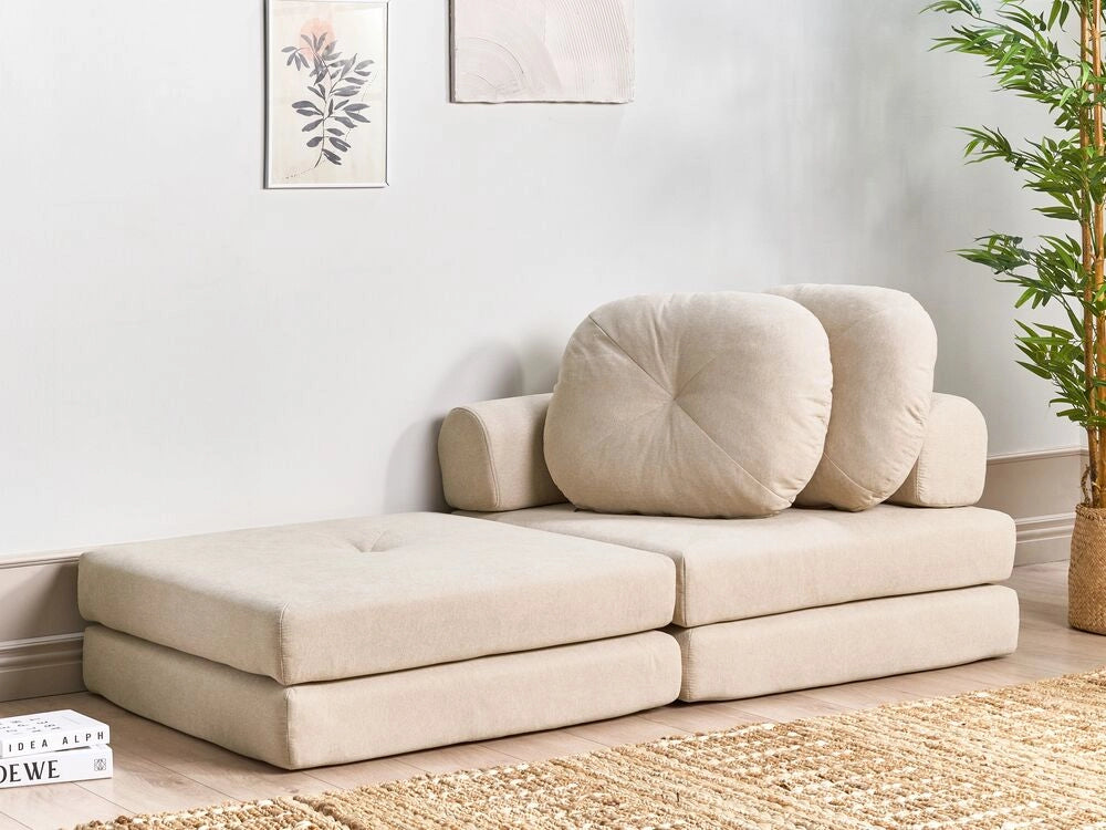 Divano pieghevole e trasformabile in letto in tessuto beige stile moderno soggiorno