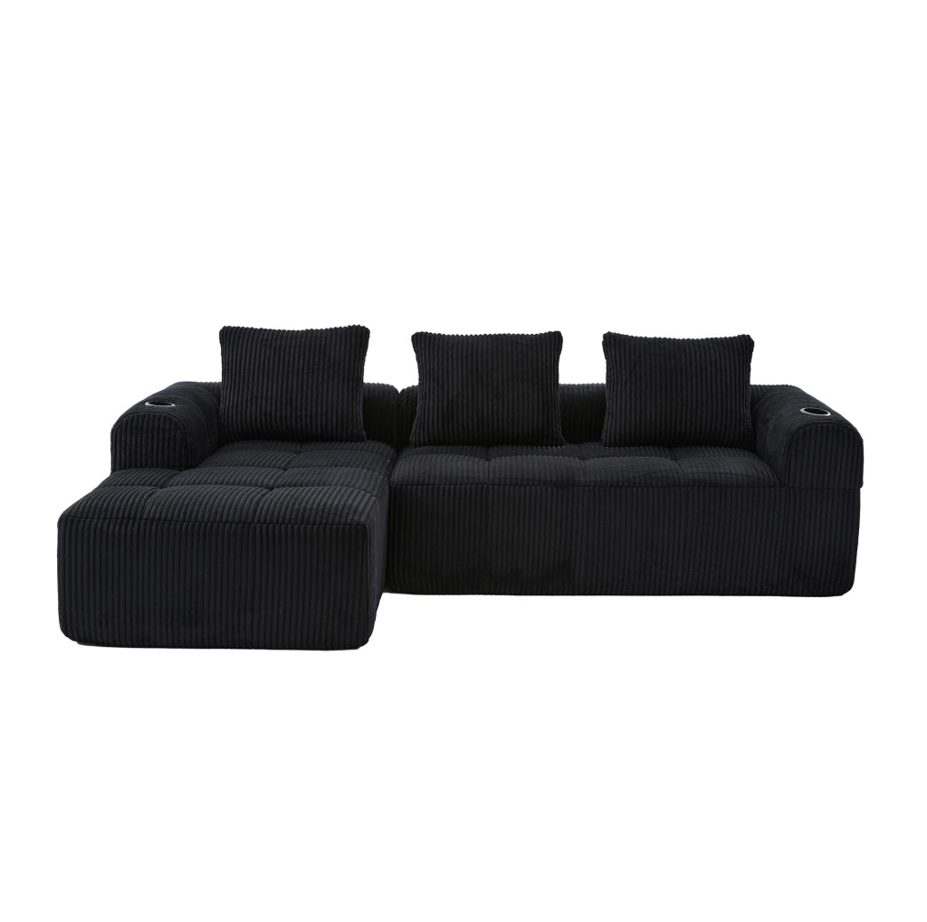 Divano 253x158x61 cm modulare DIY con tasche laterali e portabicchieri in tessuto cord nero