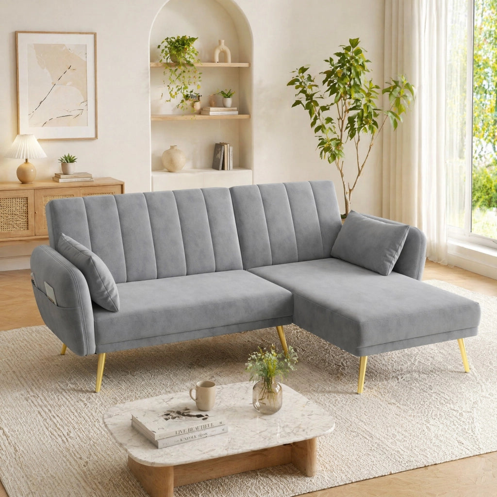 Divano angolare multifunzionale con funzione letto; chaise longue reversibile; 191;5x130;5x80 cm; grigio