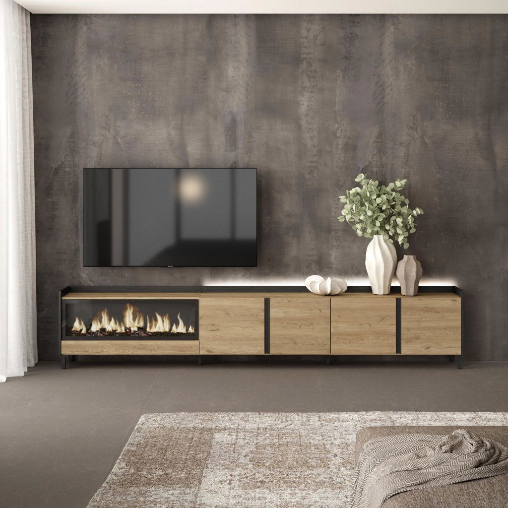 Mobile TV Soggiorno, 315x61x35 cm, Per TV fino a 80", Camino elettrico XXL, Design industriale, LED, Rovere e nero