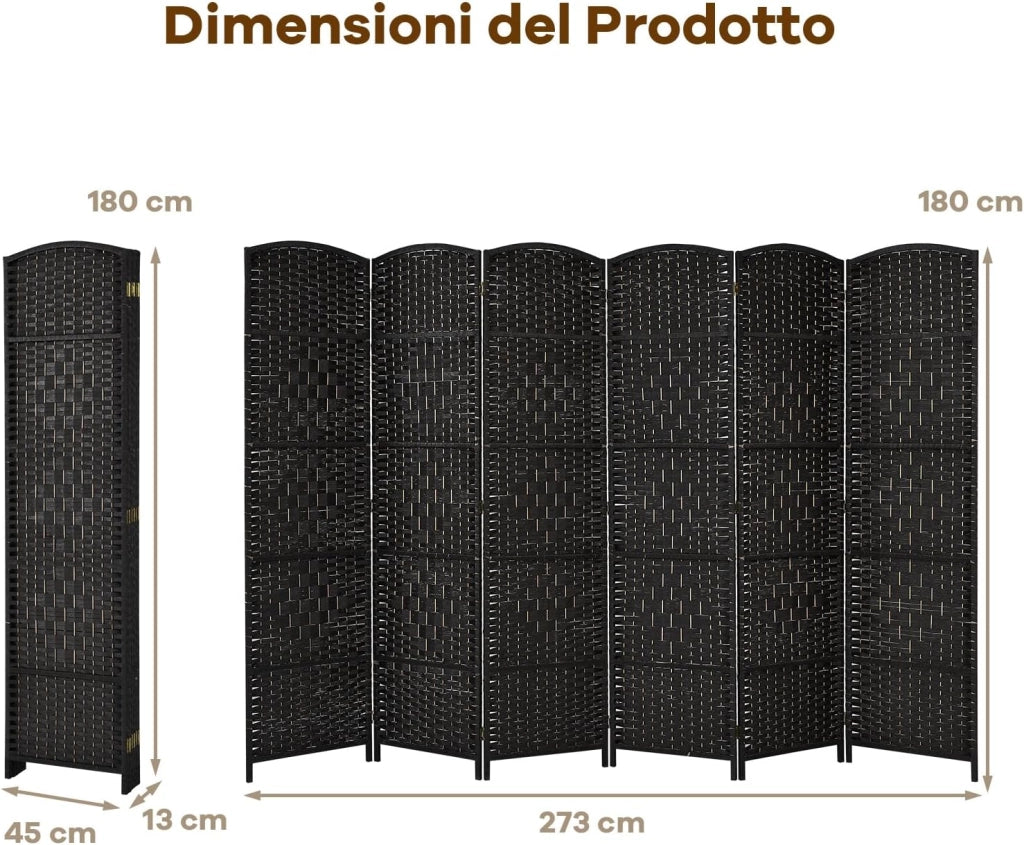 Paravento a 6 Pannelli, Separatore di Ambienti Pieghevole con Struttura in Legno Massello, Schermo di Privacy Decorativo per Casa, Ristorante, Ufficio, 270,5 x 1,5 x 180 cm (Nero)