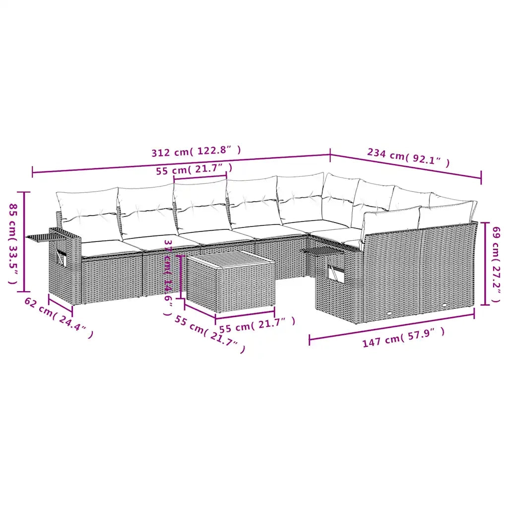 Set Divani da Giardino 10 pz con Cuscini Grigio in Polyrattan 3224724