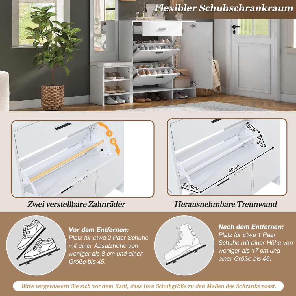 Mobile ingresso con specchio, panca, 6 ganci, 1 cassetto, 2 ante ribaltabili e 4 vani, in MDF bianco, 140 × 30 × 200 cm