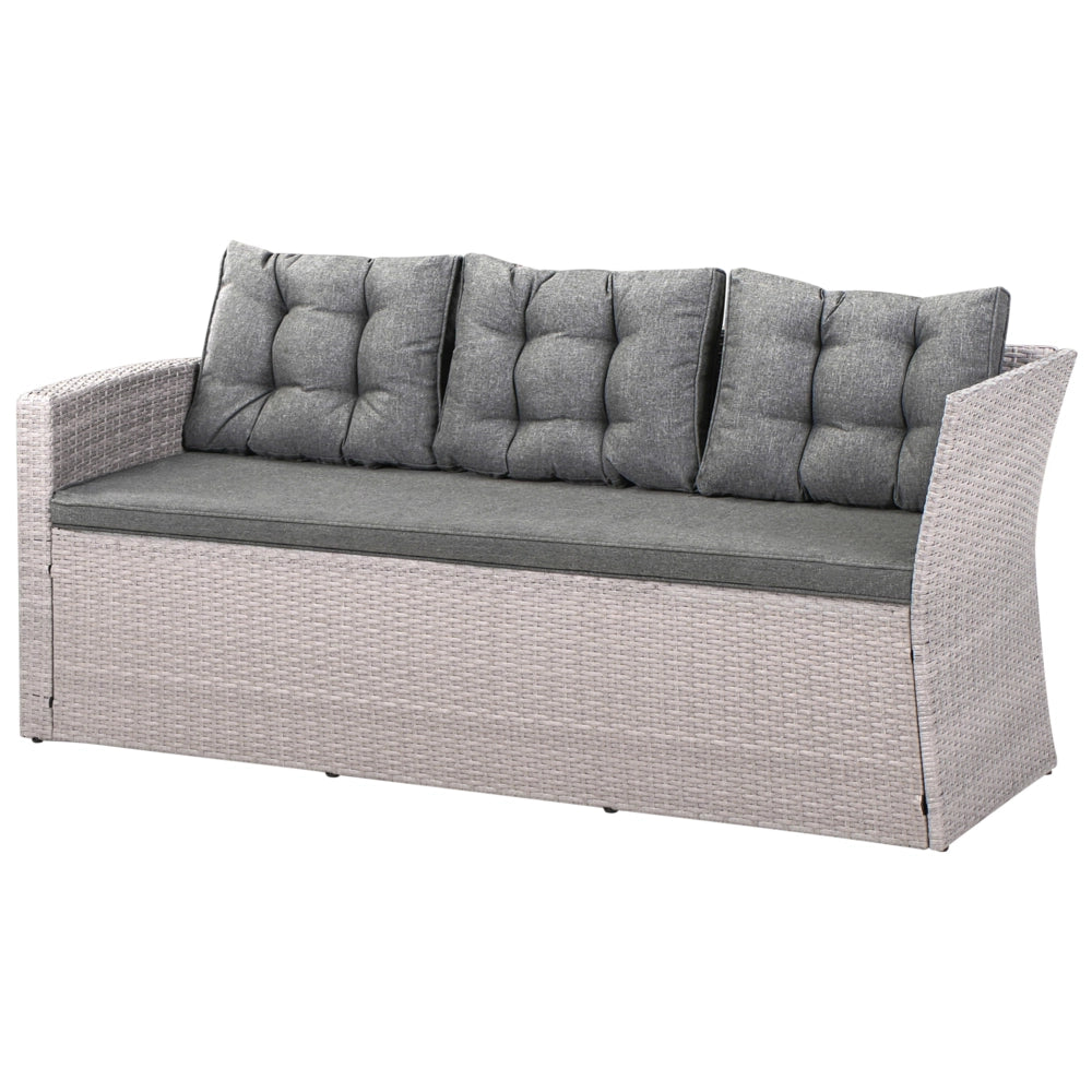 Set da pranzo ad angolo da giardino grigio finto rattan con cuscini divano panca tavolo rettangolare piano in vetro 80 x 145 cm vimini