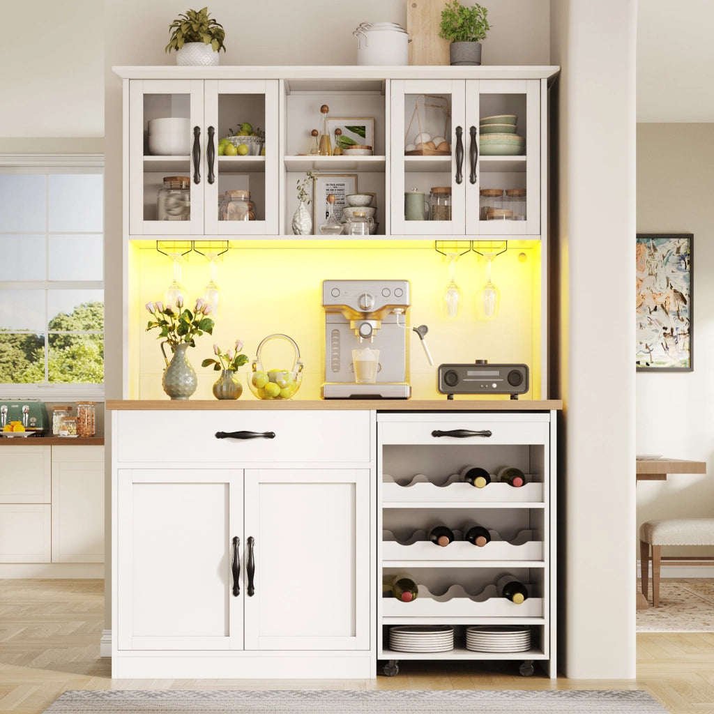 Credenza 140x38x180 cm con carrello estraibile; illuminazione LED regolabile; MDF e metallo; bianco
