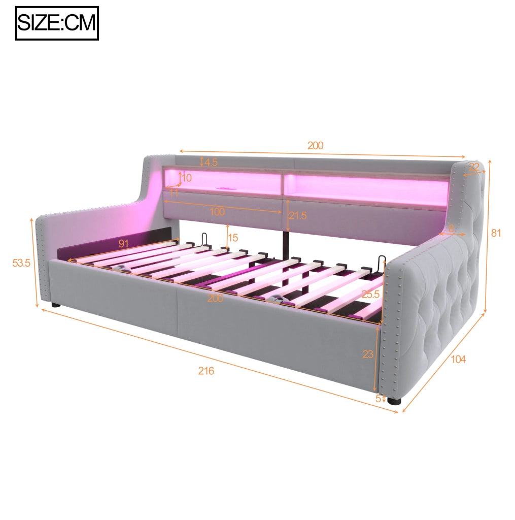 Divano letto 90x200 cm; contenitore idraulico e LED; velluto grigio chiaro