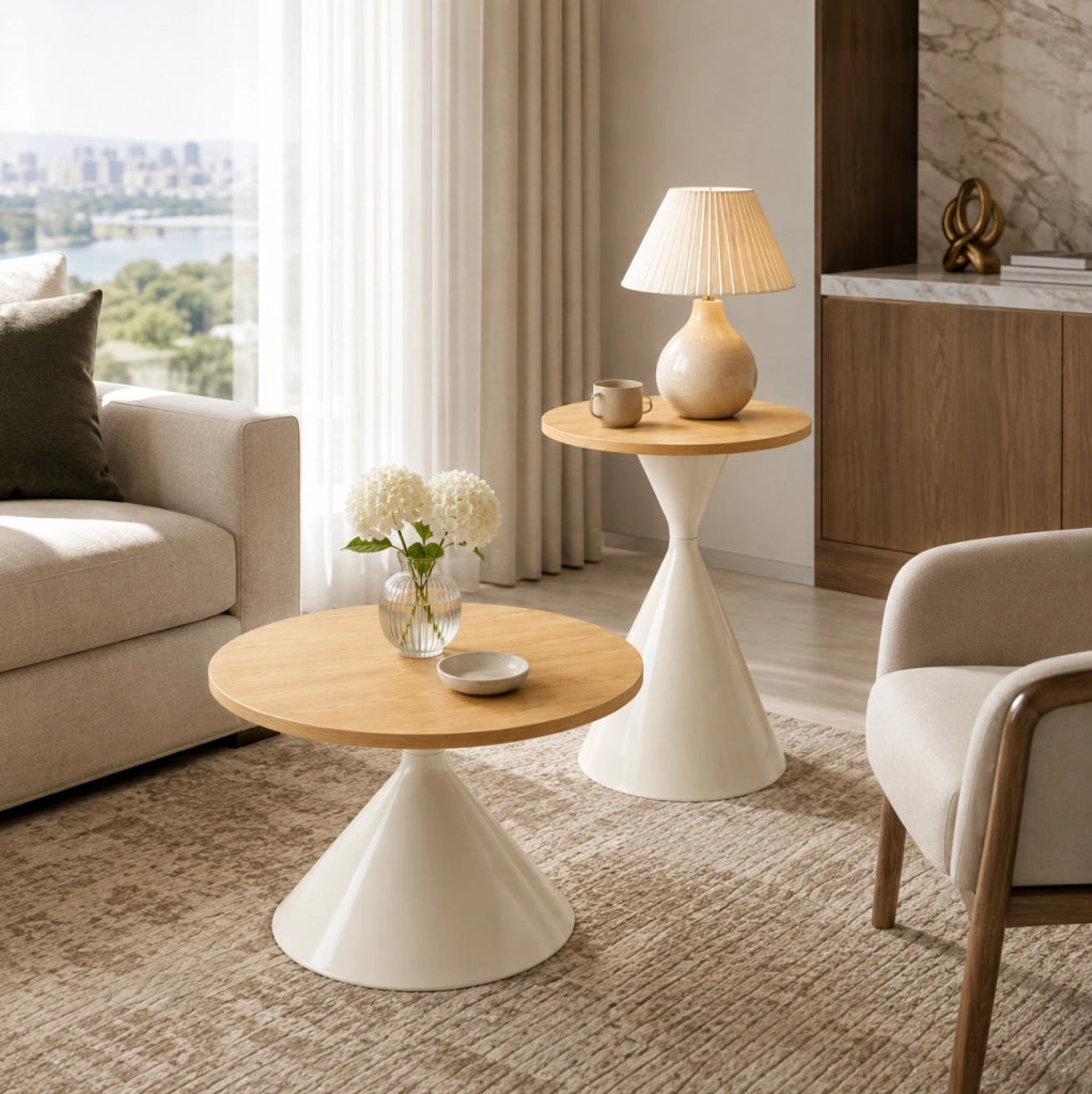 Set di 2 tavolini rotondi in MDF e metallo; ?70 x H40 cm e ?50 x H50 cm