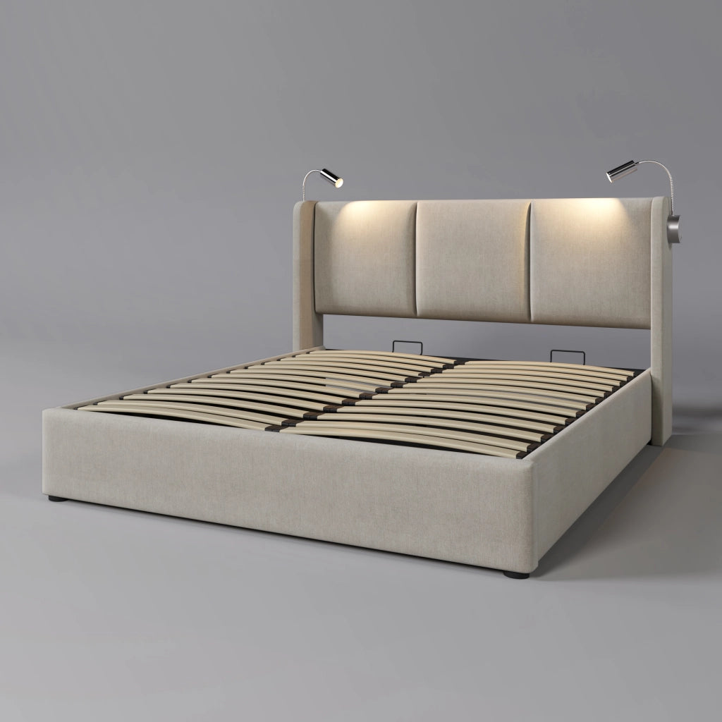 Letto matrimoniale moderno – 180x200 cm – cassone idraulico LED USB – lino beige