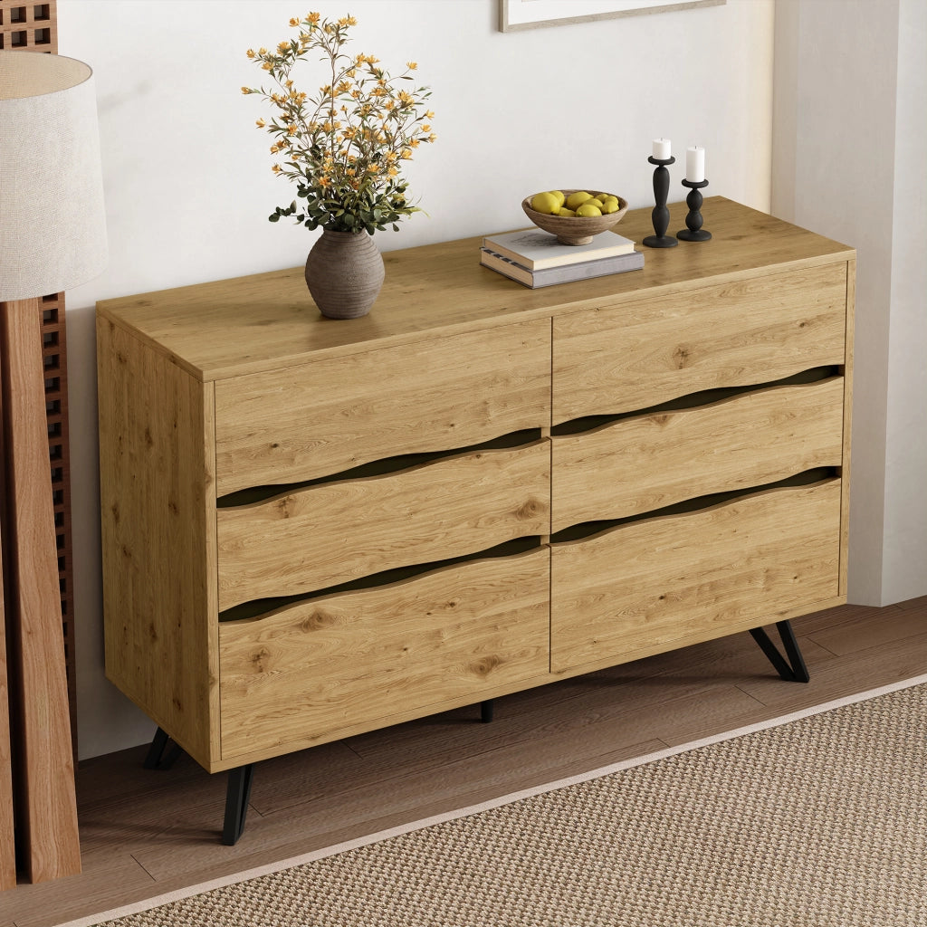 Credenza con 6 Cassetti; Frontali Ondulati e Piedini in Metallo; Stile Moderno; in Pannello Truciolare; Legno; 120??40??75;5 cm