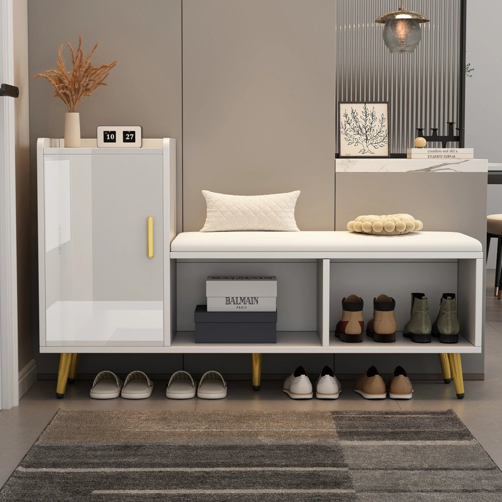 Scarpiera con panca e 3 ripiani regolabili con ante e vano aperto; per ingresso; bianco lucido; 120×35×71.5 cm