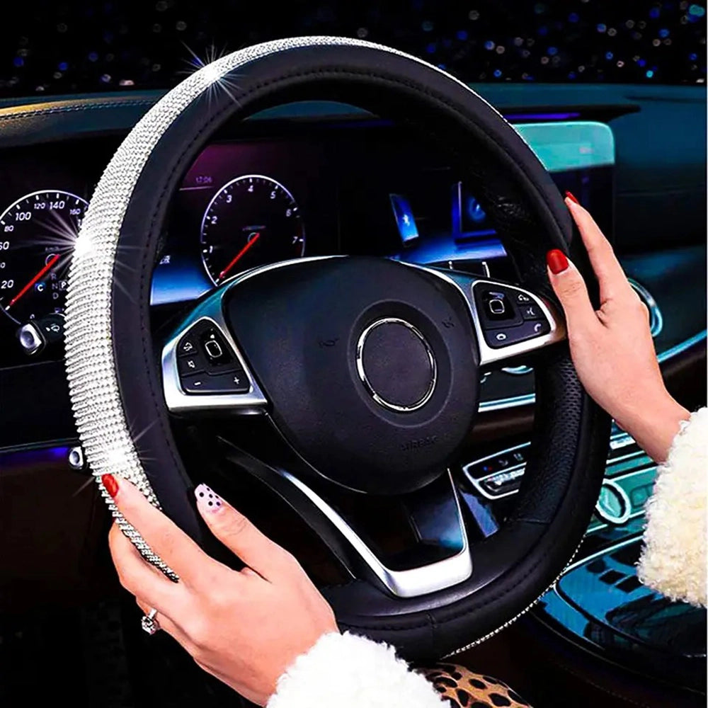 Coprivolante per Auto Nero Diamond Strass Bling 38cm Pelle PU Antiscivolo Stile Glitter per Donna Ragazza