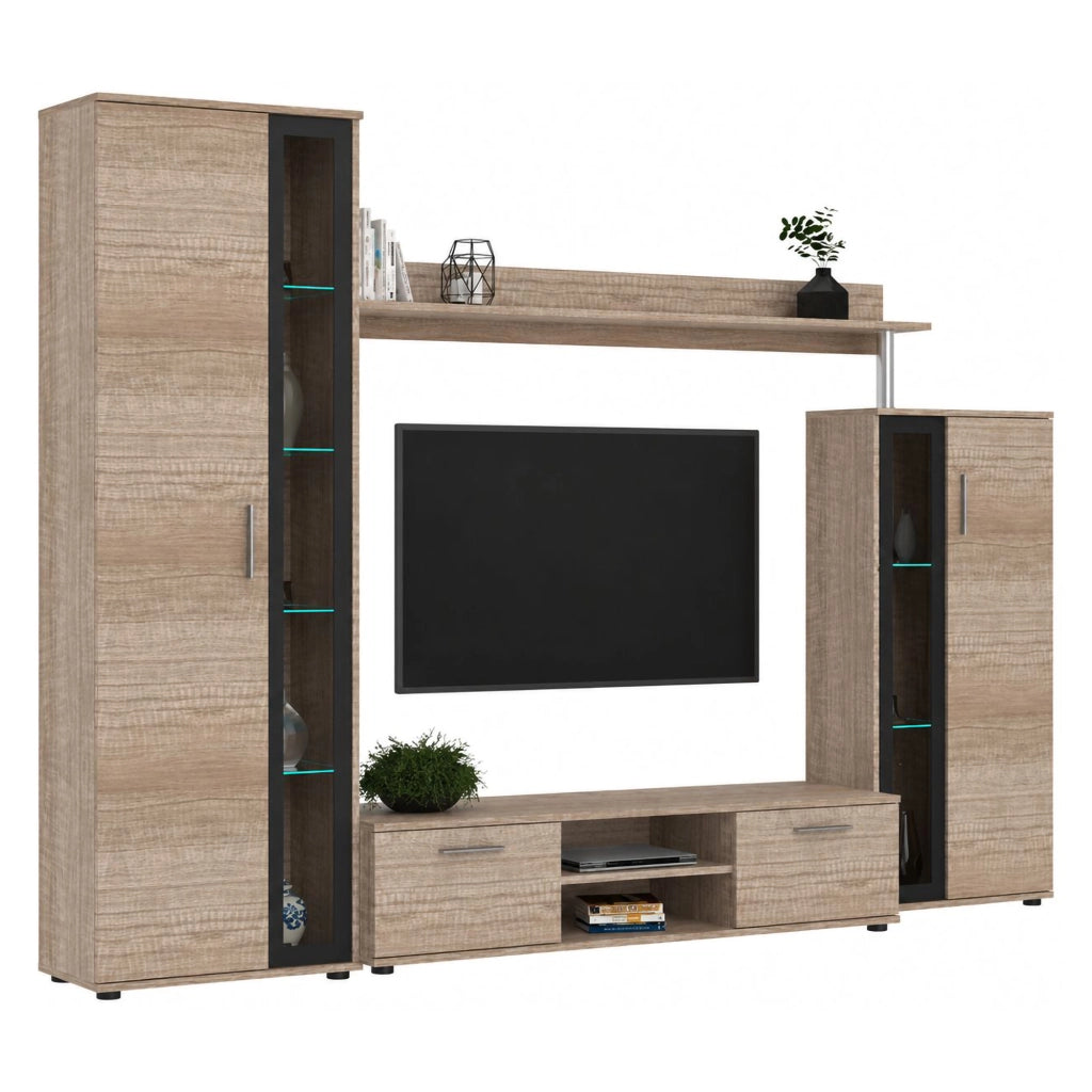 Mobile Soggiorno Linahasi, Parete Attrezzata Modulabile, Marrone Rovere Scuro
