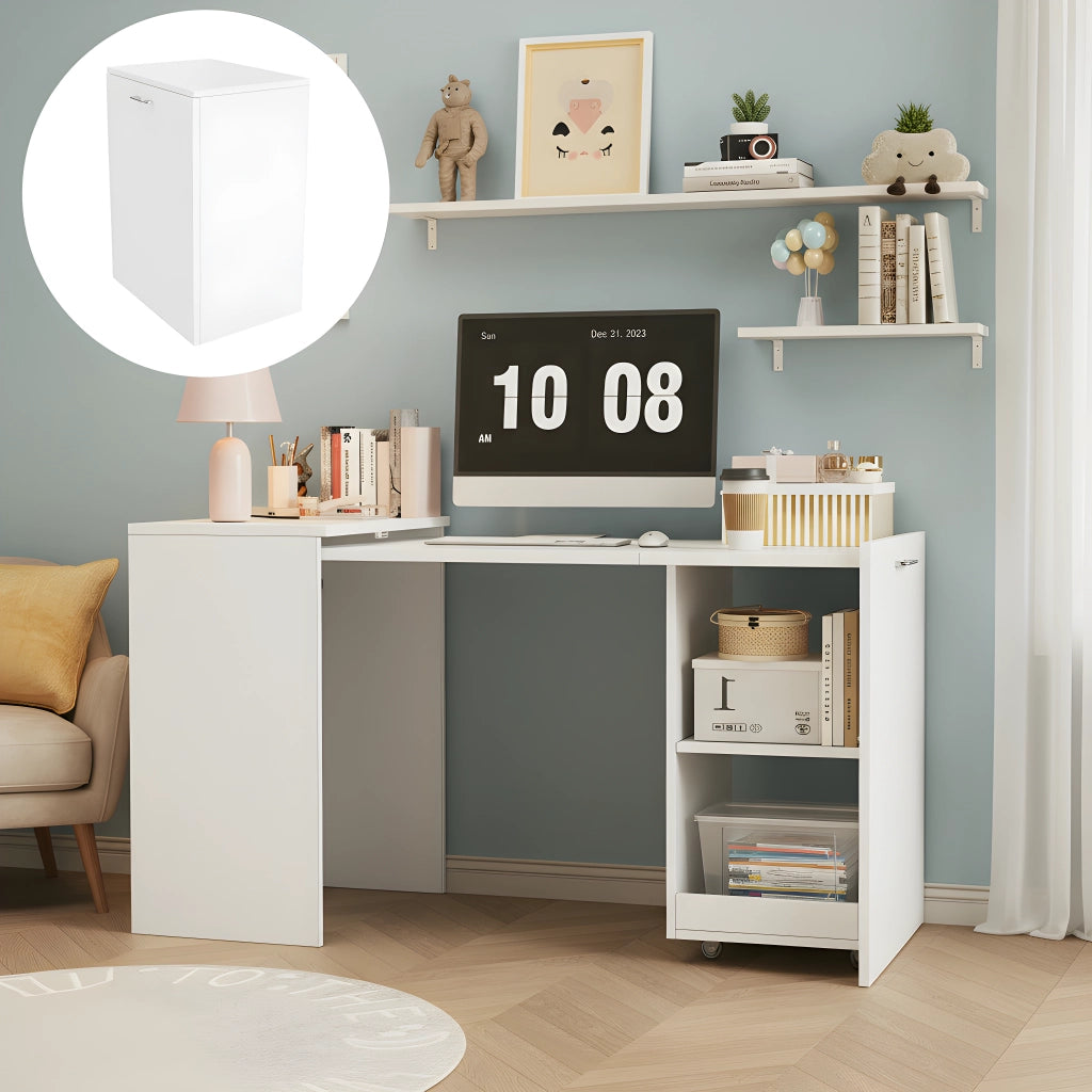 Scrivania Pieghevole Multifunzionale con Armadio ¨C MINIMAL ¨C Legno Bianco, 2 Vani, 126x55x75