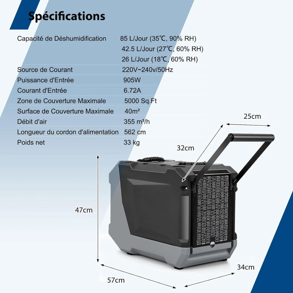 Deumidificatore Elettrico 85L/Giorno, Deumidificatore Industriale Professionale con Pompa di Scarico Automatica, Tubo di Scarico, Timer 24 Ore, per Cantine, Fabbriche, Magazzini (Grigio)