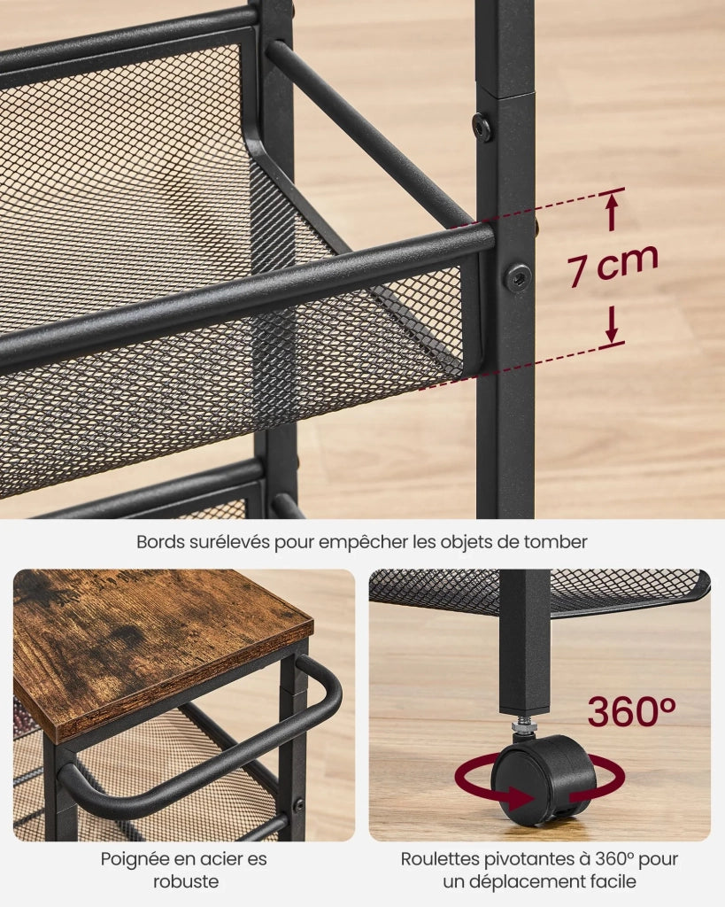 Carrello di servizio ripiano portaoggetti mobile design sottile ruote girevoli a 360° struttura in metallo per cucina soggiorno ufficio marrone 12_0005287