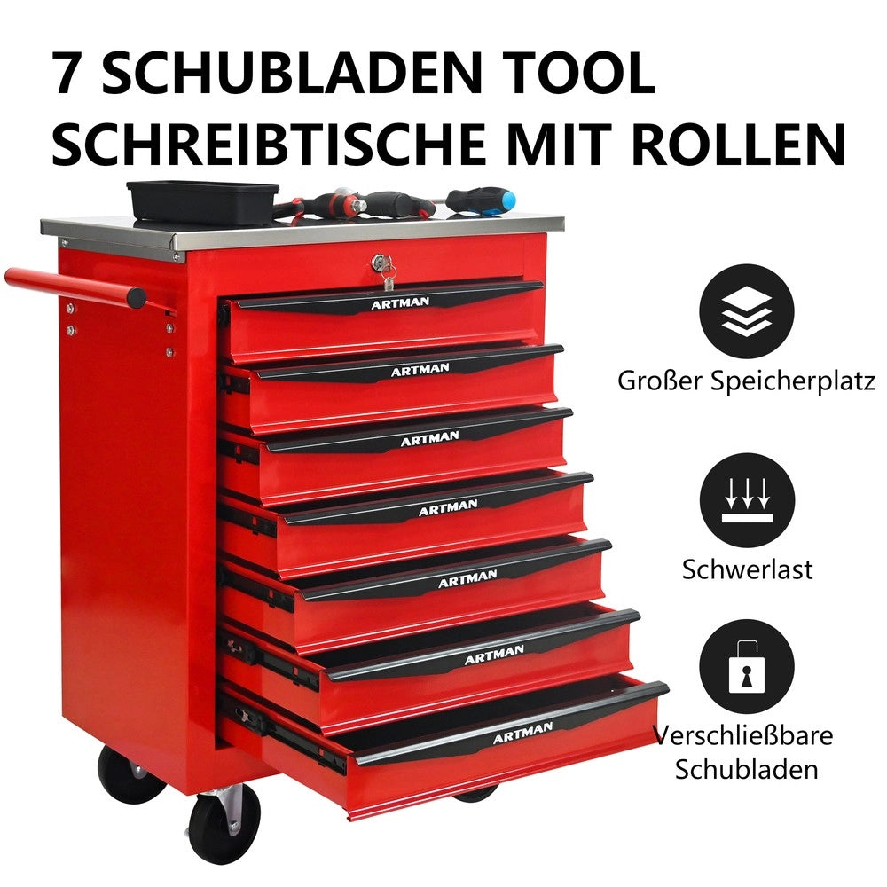 Carrello Porta Utensili 7 Cassetti con Ruote ¨C MINIMAL ¨C Metallo, Piano in Acciaio, Rosso e Nero