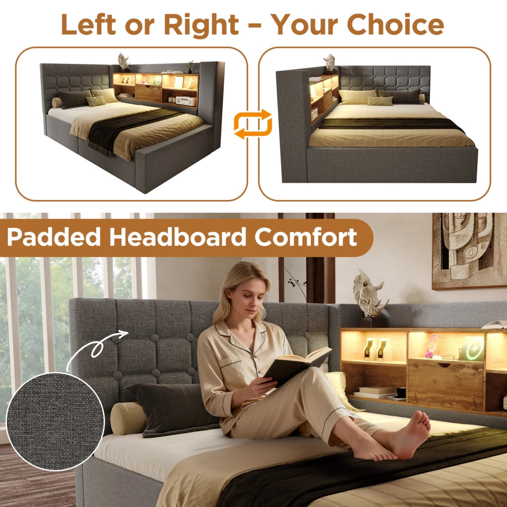 Letto singolo 90x200 cm con LED; contenitore idraulico e materasso; grigio