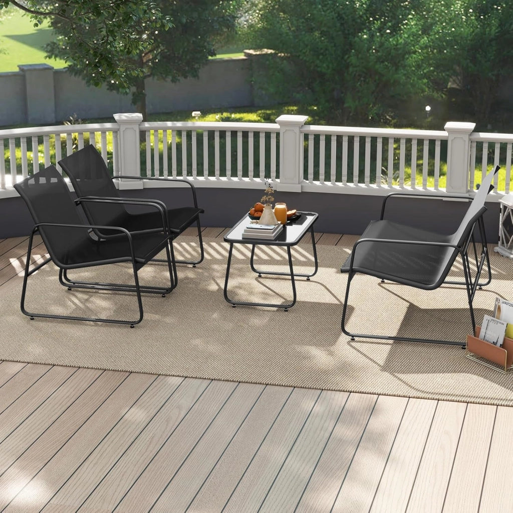 Set di mobili da giardino 4 pezzi, tavolino da caffè in vetro temperato, divano a 2 posti, 2 sedie, per 4 persone, tessuto traspirante, mobili per patio, terrazza