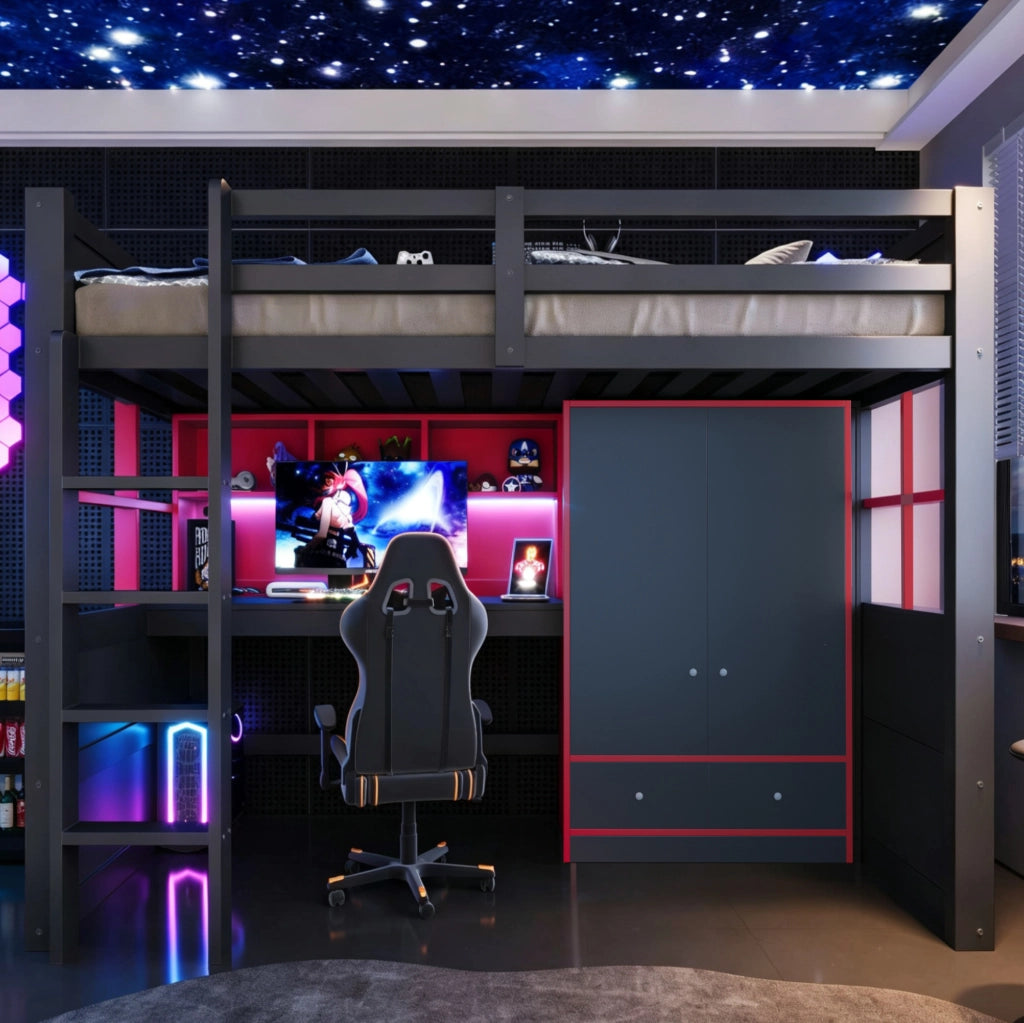 Letto a soppalco ULEVR 90x200 cm con scrivania, armadio, cassetti, LED e prese, nero e rosso