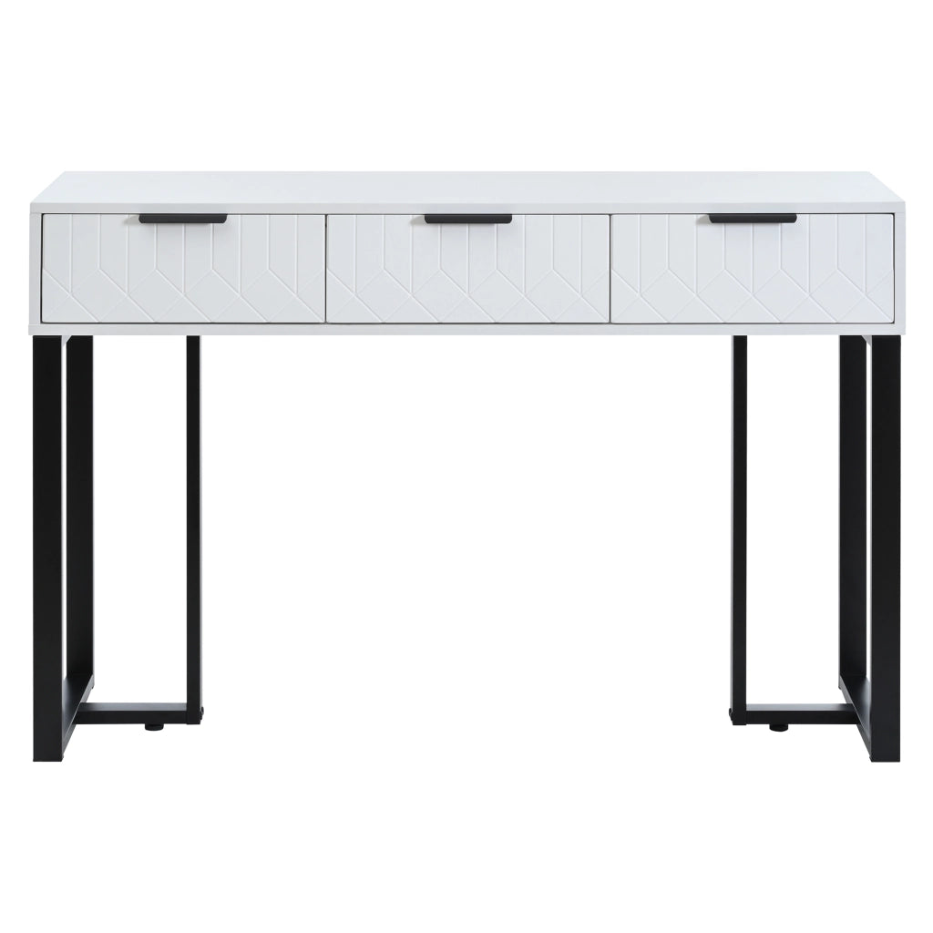 Consolle con cassetti, struttura in MDF, finitura bianca con motivi geometrici e telaio dorato per ingresso