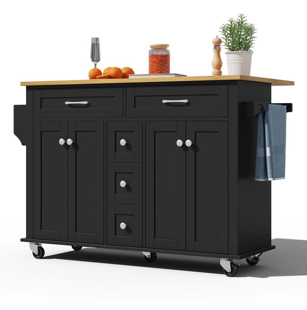 Carrello da cucina estensibile con piano ribaltabile; cassetti e ruote; MDF nero naturale
