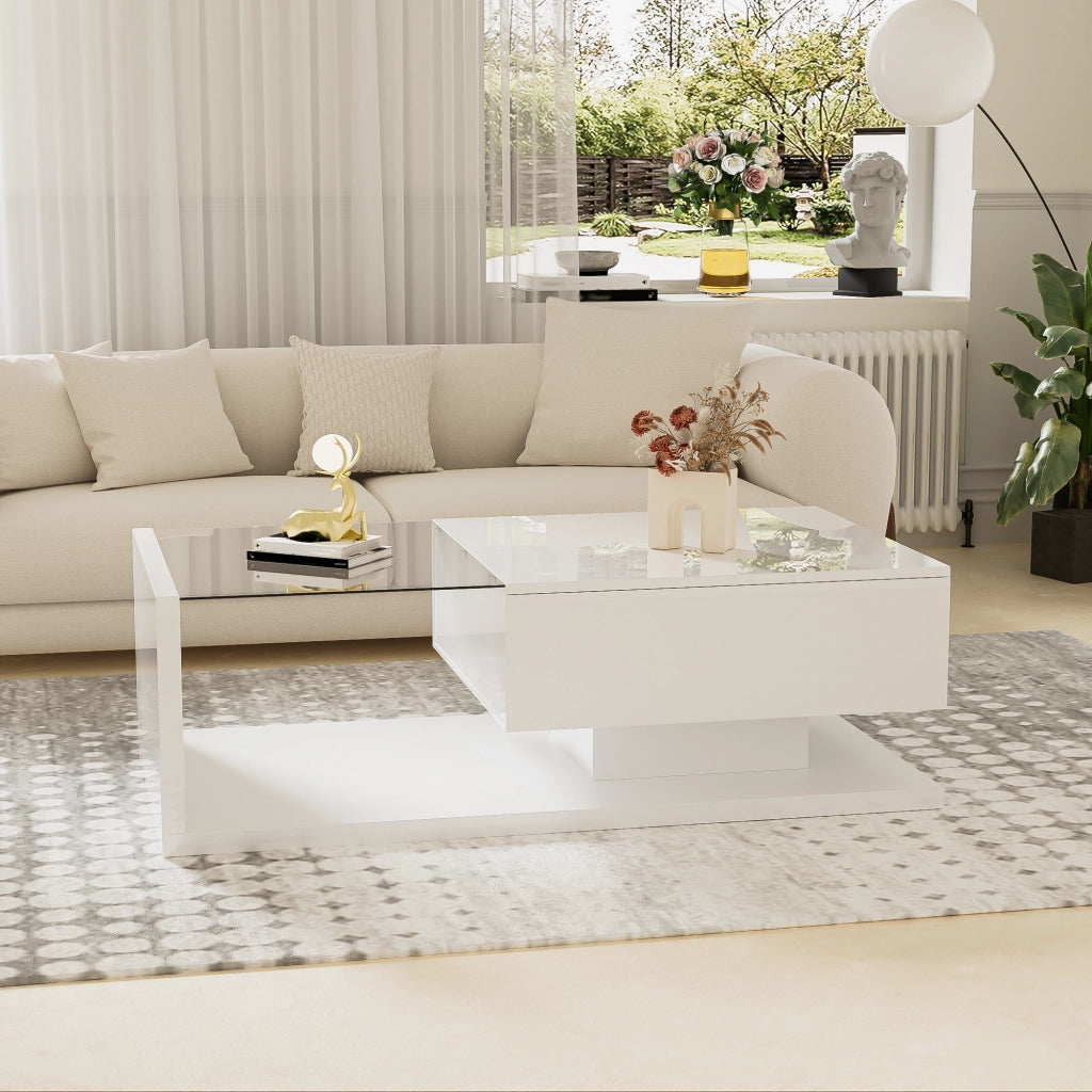 Tavolino da salotto 105x55x32.5 cm; piano in vetro temperato con LED regolabili; pannello truciolare bianco