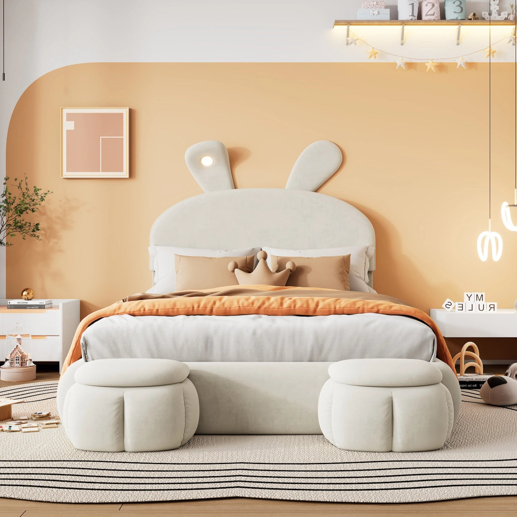 OKWISH Letto Contenitore 140×200 cm, Letto Matrimoniale con Orecchie da Coniglio, LED Regolabile e 2 Pouf Contenitore, senza Materasso, Velluto, Beige