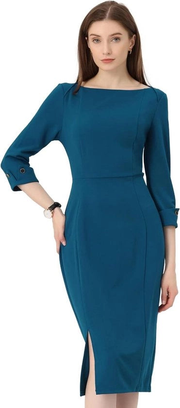 Abito midi elegante per donne con maniche a bottoni, tre quarti e spacco