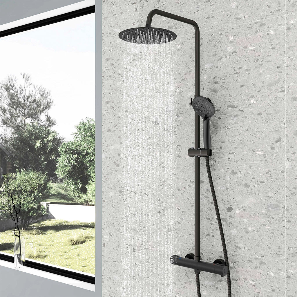 AICA Colonna doccia con miscelatore termostatico, rubinetto doccia cilindro 30x4.5cm, soffione doccia rotondo 25x25cm in acciaio inox nero