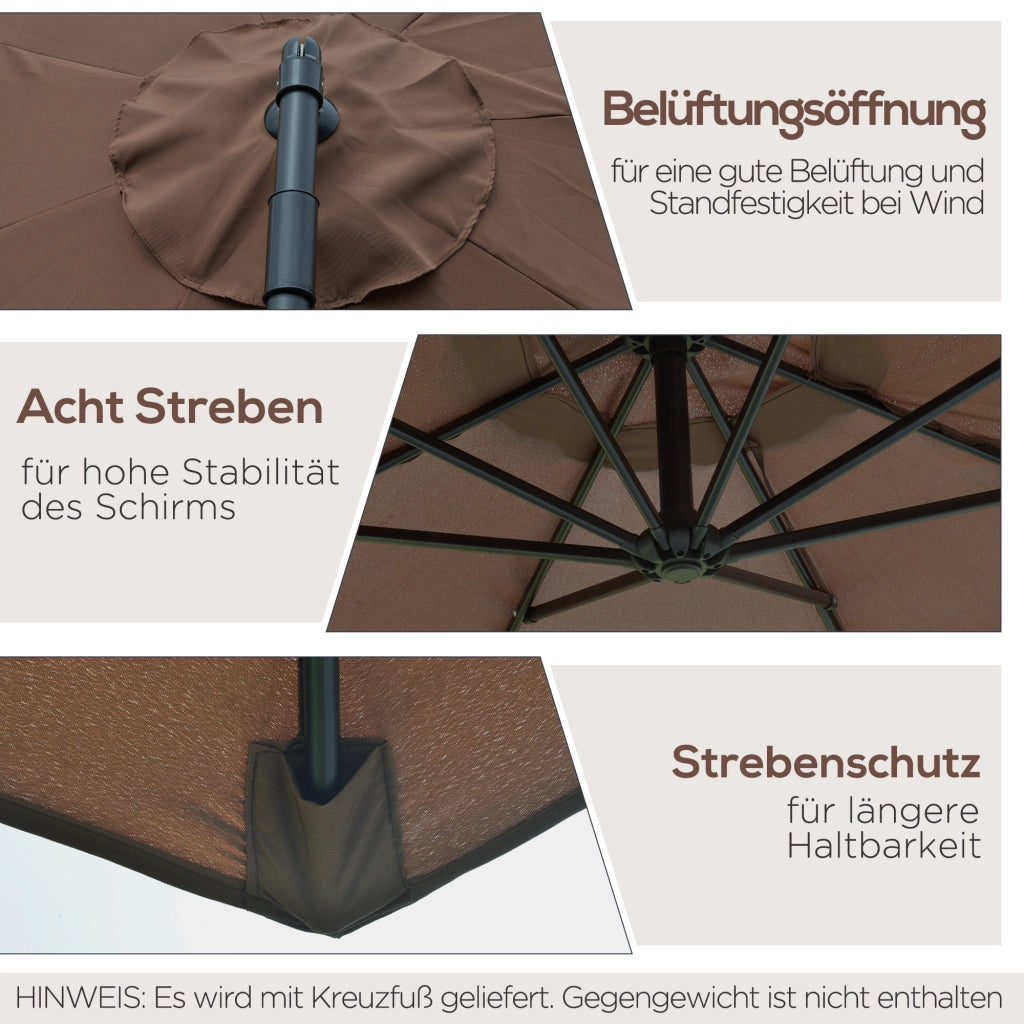 Parasole a sbalzo con manovella diametro 3x2.5 m telaio in acciaio tessuto poliestere colore caffè resistente per giardino e terrazza