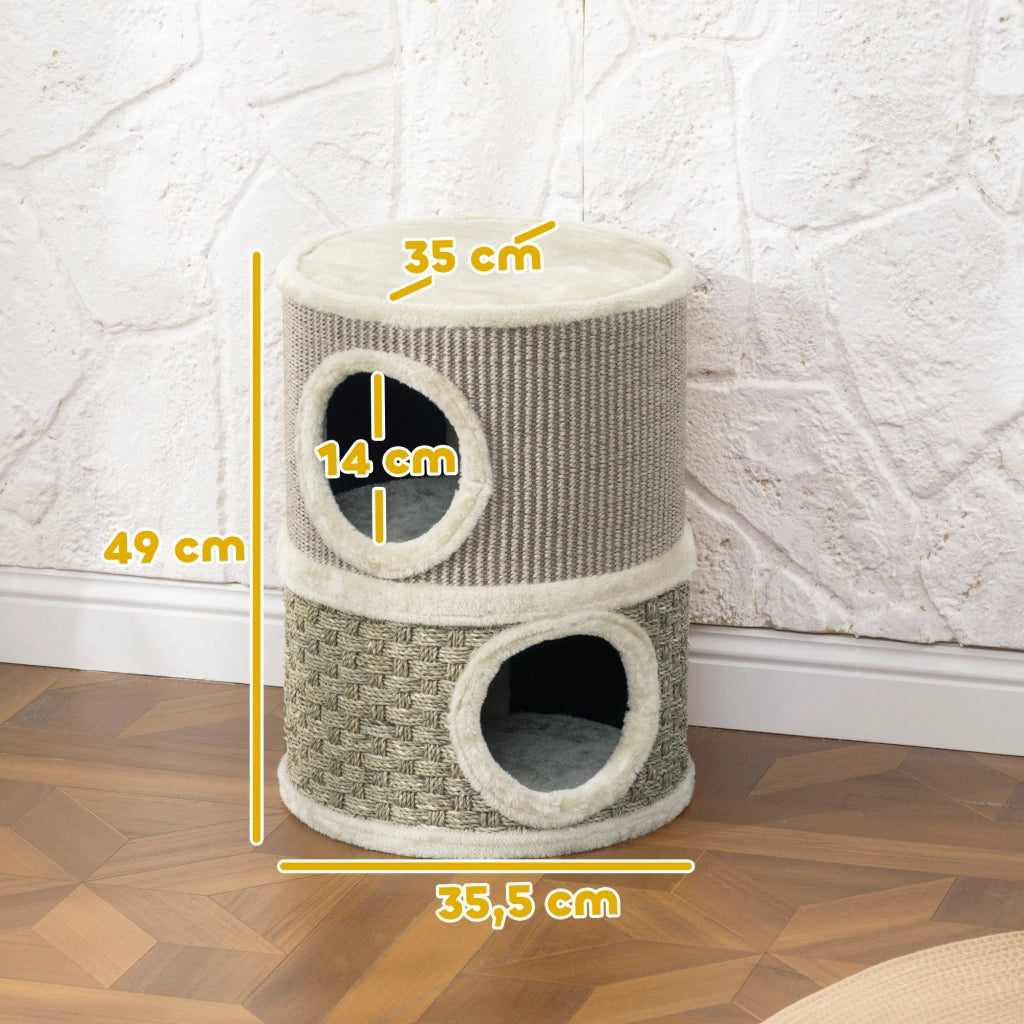 Tiragraffi a torre per gatti ¨C Xylo ¨C 49 cm, ?35,5 cm, 2 livelli con cucce e bordo in peluche