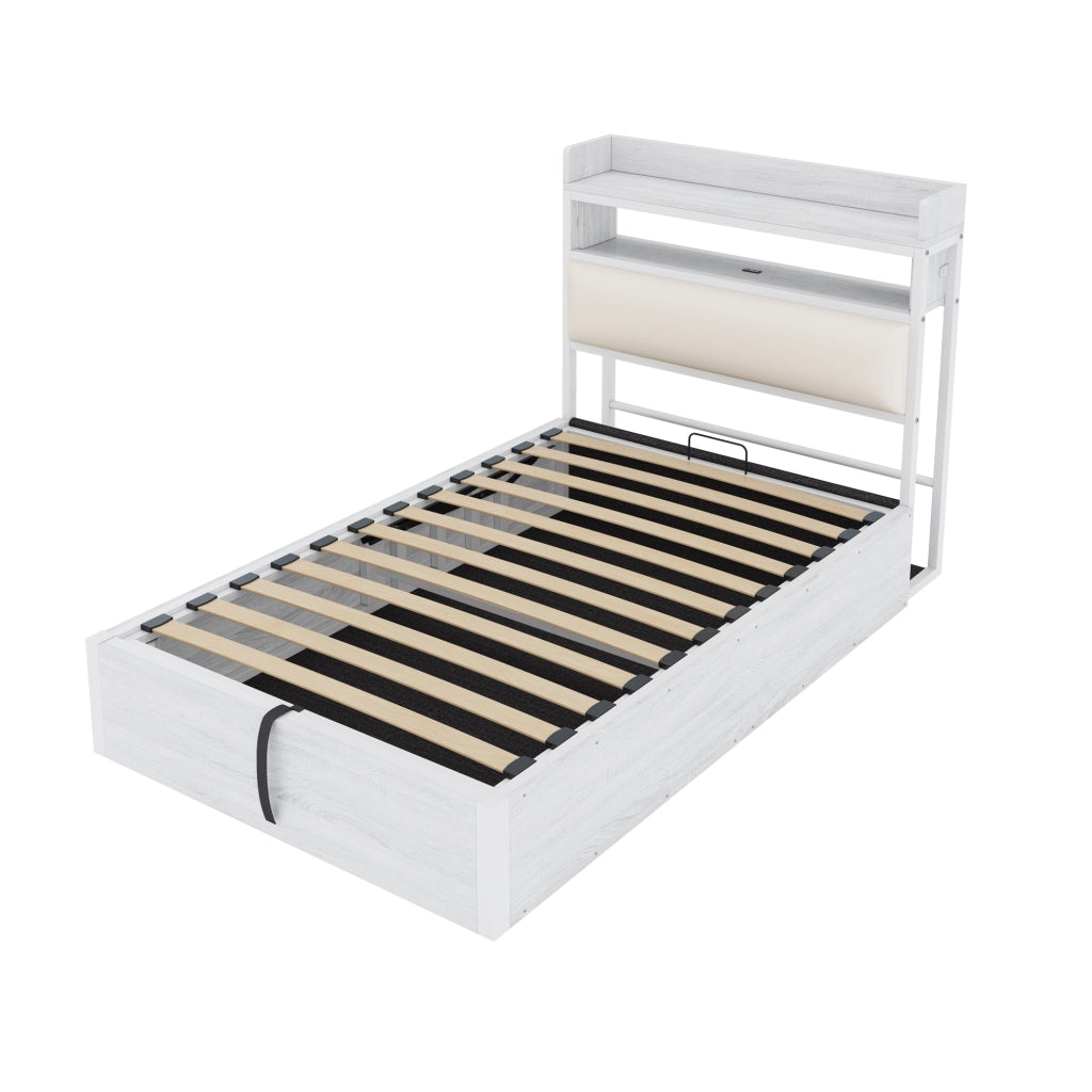 LETTO 90x200 cm con contenitore, USB, testiera imbottita, bianco