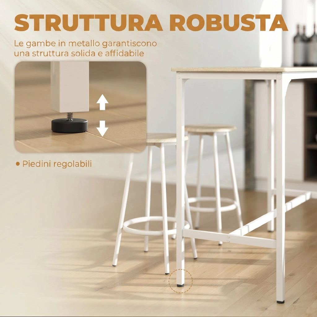 Set da Pranzo 5 Pezzi con Bancone da Bar 110x50x89,5 cm e Sgabelli Ø30x60,5 cm in Legno e Metallo Color Legno