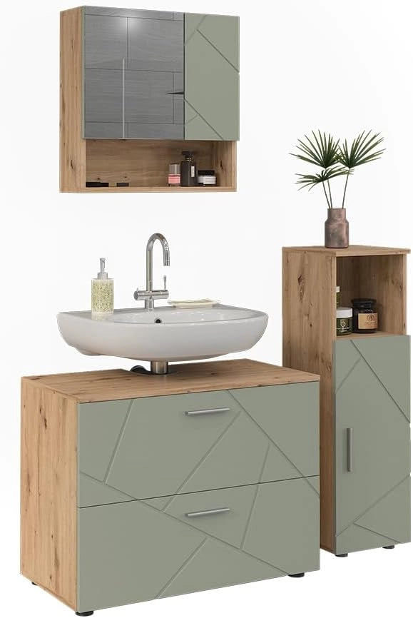 Set di mobili da bagno Irma, Verde salvia, 80 cm, composto da mobile sottolavabo, specchiera e mobile medio
