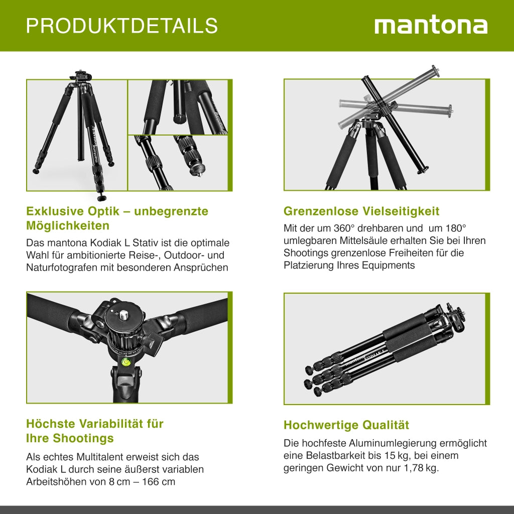 Mantona Kodiak L Treppiede fotografico in alluminio, stabile treppiede fotografico professionale senza testa a sfera, seconda colonna centrale corta, per paesaggio, architettura e astrofotografia