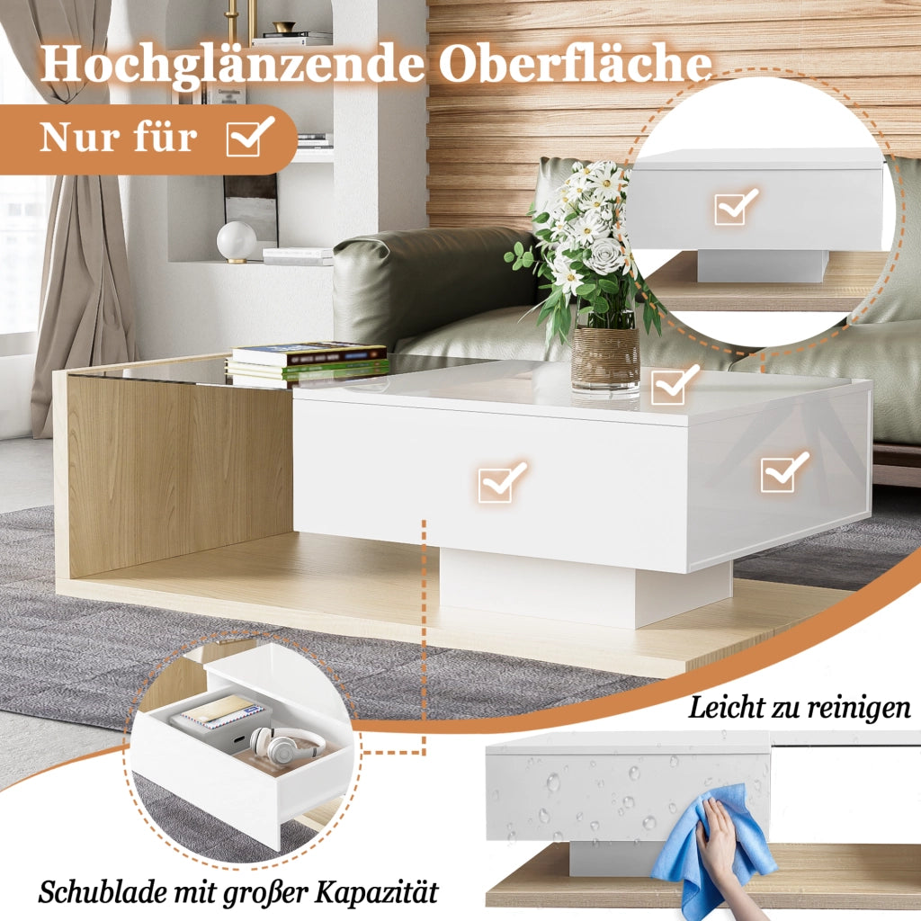 Tavolino da caffè moderno 105x55x32;5 cm in truciolare bianco lucido e effetto legno; con LED