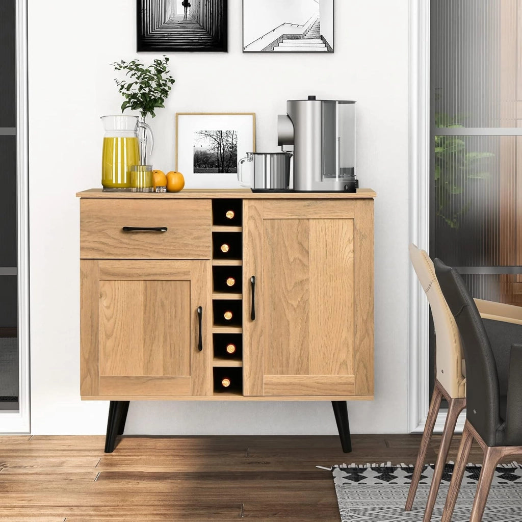 Credenza da Cucina con Porta Vino per 6 Bottiglie, 90 x 40 x 79 cm, Mobile da Bar con 2 Ante e 1 Cassetto, Ripiani Regolabili, per Sala da Pranzo e Soggiorno (Naturale)