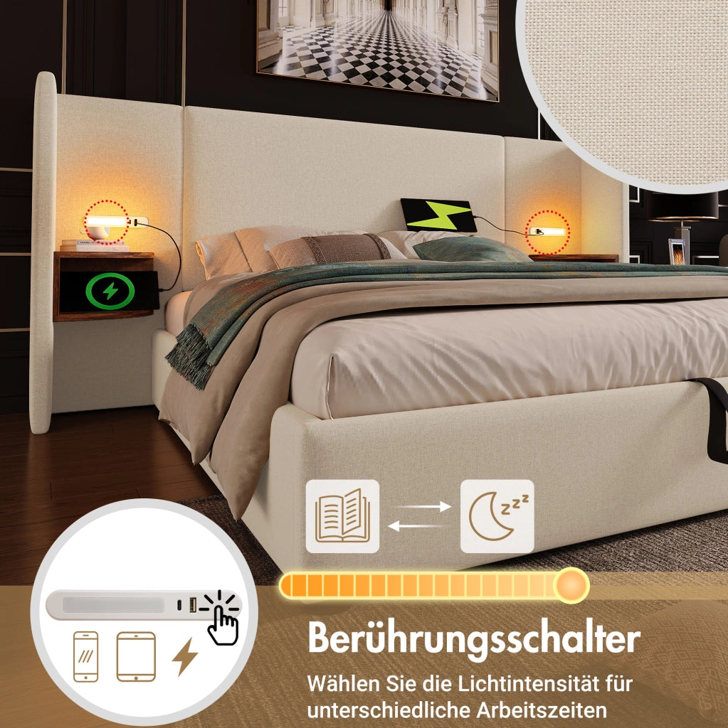Letto contenitore 180x200 cm beige con luci e ricarica USB-C