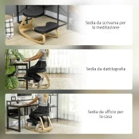 Sedia Inginocchiatoio con Movimento a Dondolo, in Tessuto Effetto Lino e Legno di Betulla, 50x73x55 cm, Nero