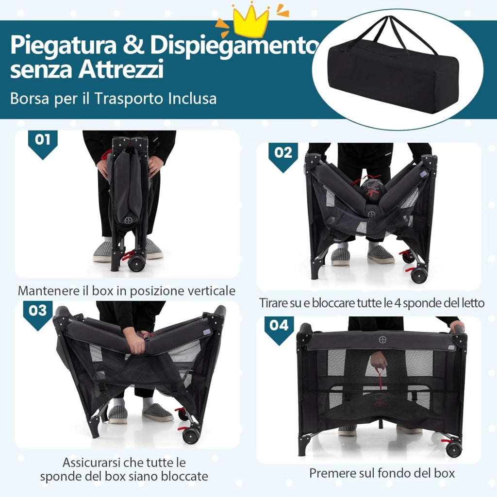 Lettino da Viaggio Pieghevole, Culla Portatile per Bambini, Lettino per Bambini con 4 Altezze Regolabili, Fasciatoio, Materasso, Box Bambini, per Bambini 0-3 Anni