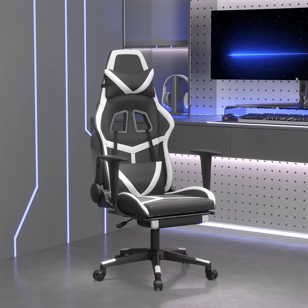 Sedia Gaming | Sedia da e-sports Massaggiante Poggiapiedi Nero e Bianco Similpelle