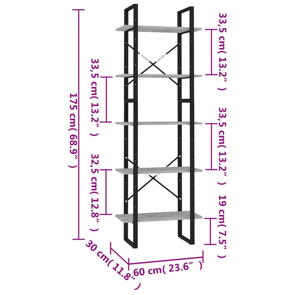 Libreria a 5 Ripiani-Scaffale per Libri-Mobile di Stoccaggio Grigio Cemento 60x30x175 cm in Multistrato