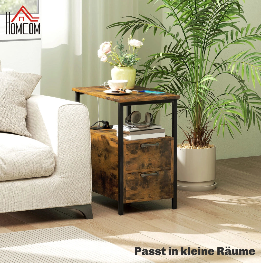 Tavolino laterale 55x35x58.5 cm con prese integrate; 2 cassetti e ripiano aperto in legno marrone