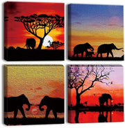 Stampa su tela a tema murale - Zonsondergang/Olifanten - Moderno ingrandito - 30 x 30 cm - 4 pezzi - Adatto per la decorazione della camera da letto/bagno - Stampato su tela