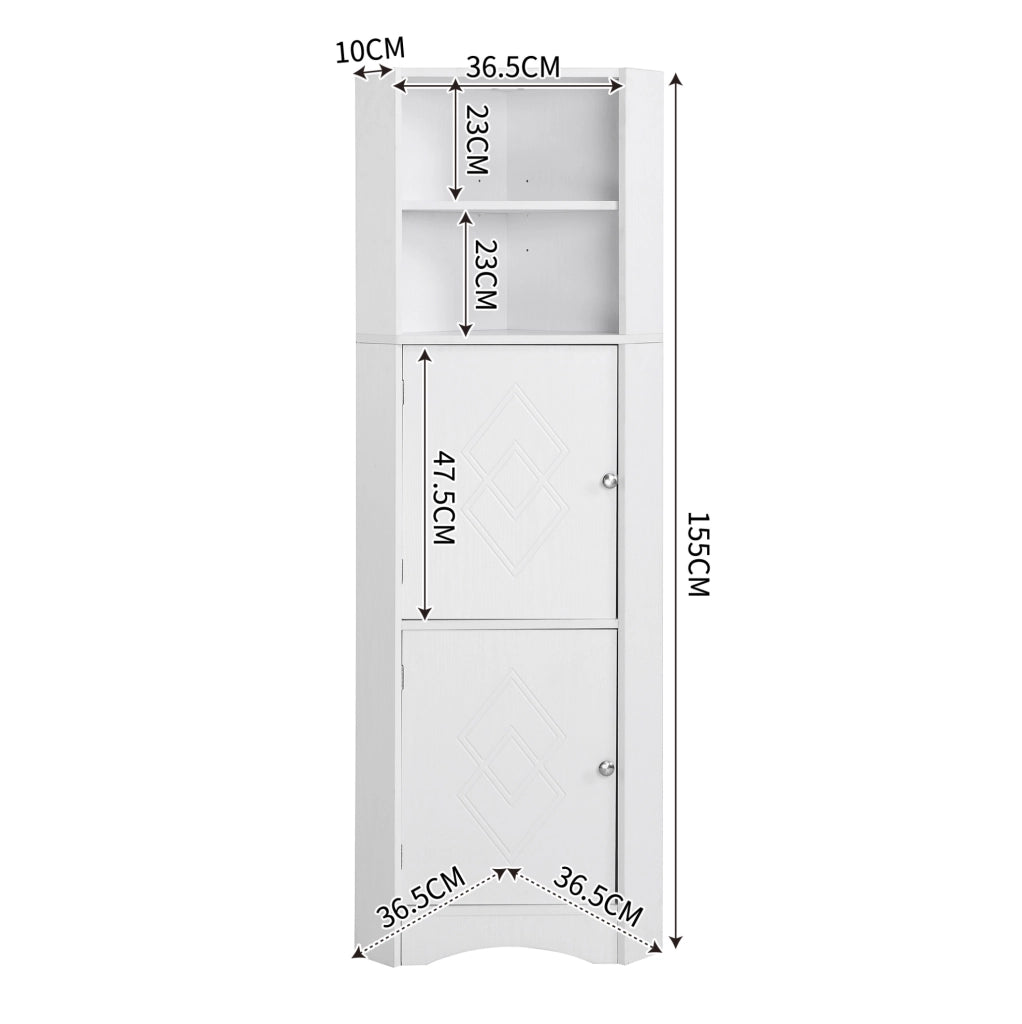 Mobile da bagno angolare con due ripiani regolabili, 36,5 x 36,5 x 155 cm, bianco