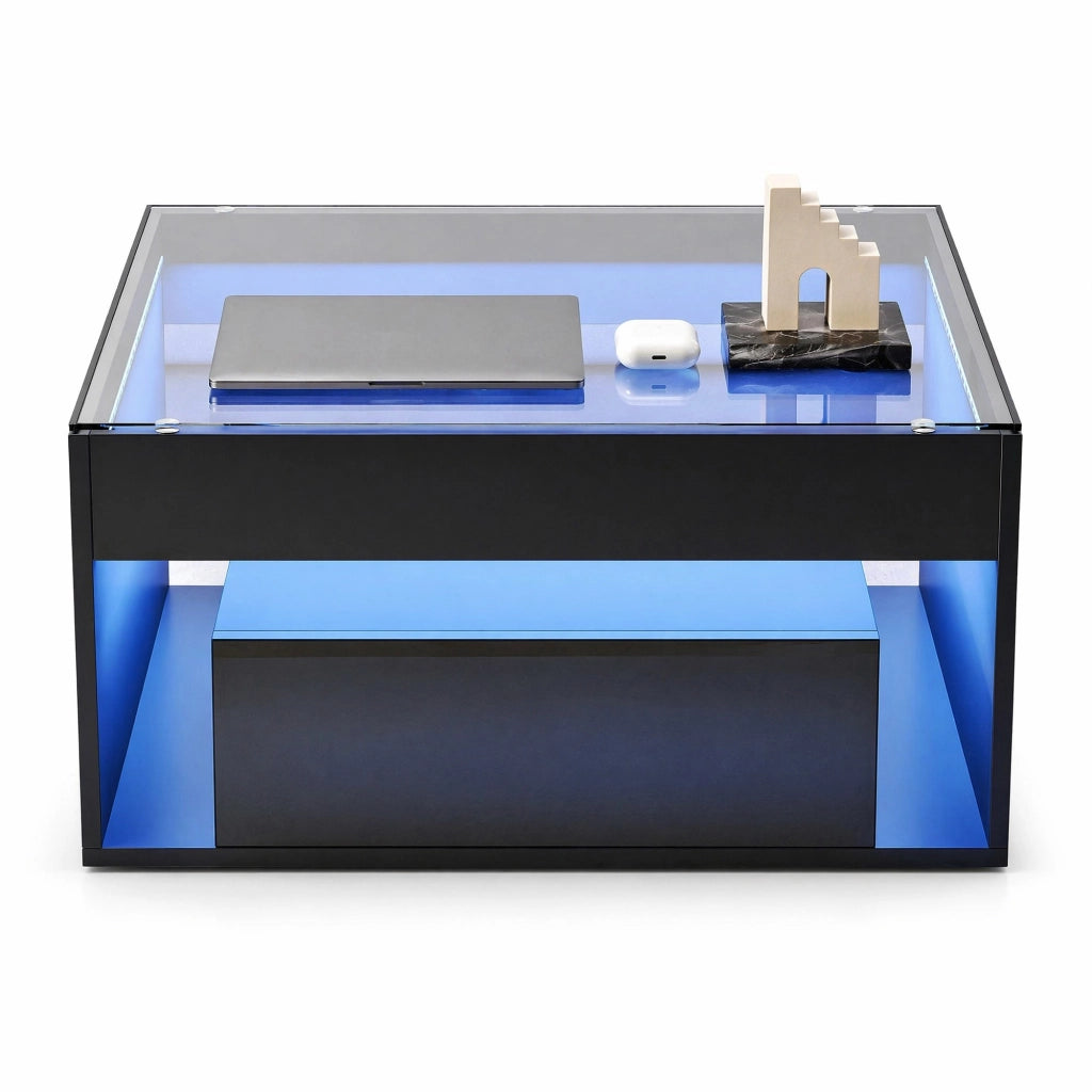 Tavolino da salotto compatto con 2 cassetti, piano in vetro temperato e LED controllabile da app