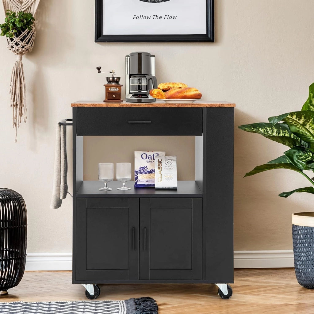 Carrello da Cucina con Ruote, Isola da Cucina con 3 Portaspezie 1 Cassetto Armadietto a 2 Porte, Carrello Portaoggetti con Portasciugamani, 82x46x92 cm (Nero)