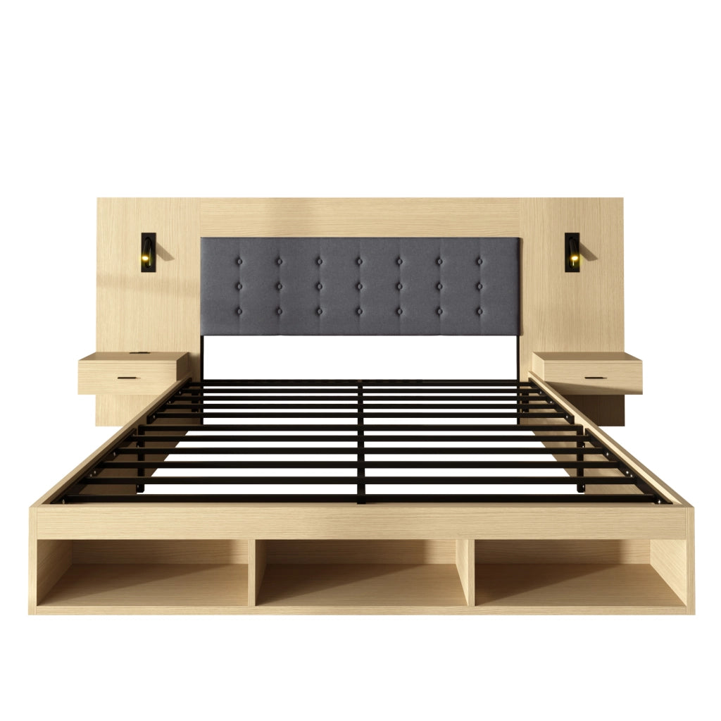 Letto matrimoniale 180x200 cm con USB, USB-C, faretti e comodini in MDF rovere chiaro